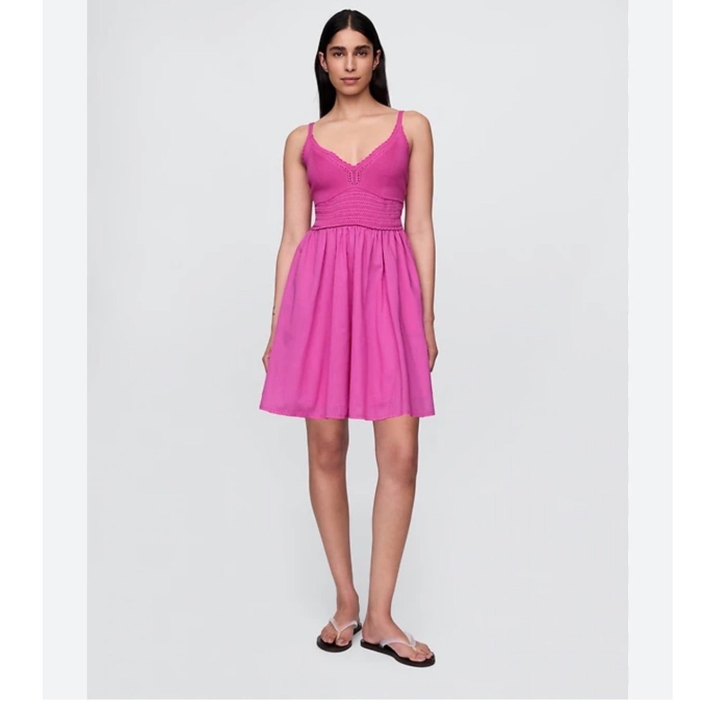 GAP Women Pink V-Neck Mixed Media Knit Smocked Mini Dress S New 777691-00-1